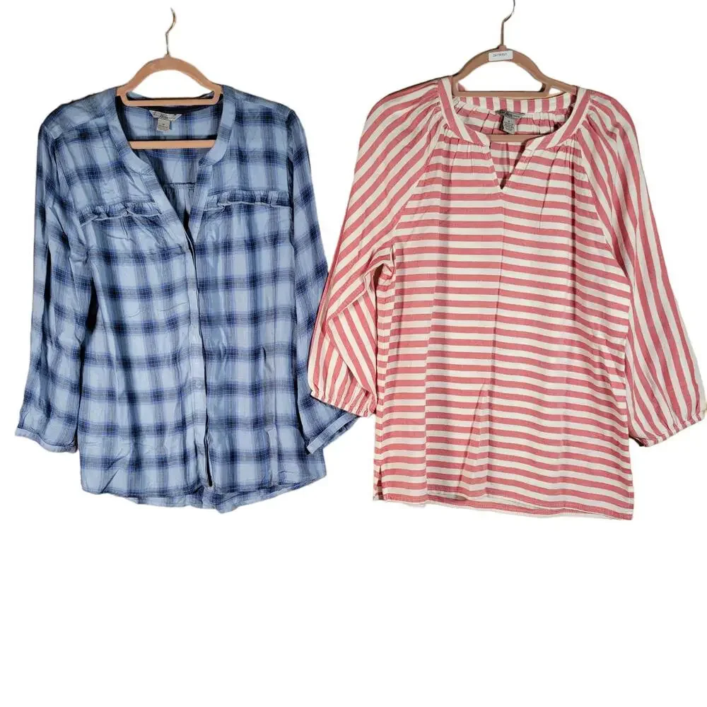 Bass 2 Pack Red Blue Plaid and Stripes Peasant Tops Women Size M - Picture 1 of 8